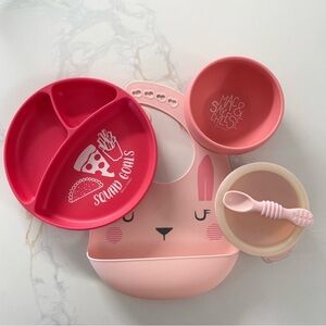 Three Silicone Baby Plates and one Pink Bib